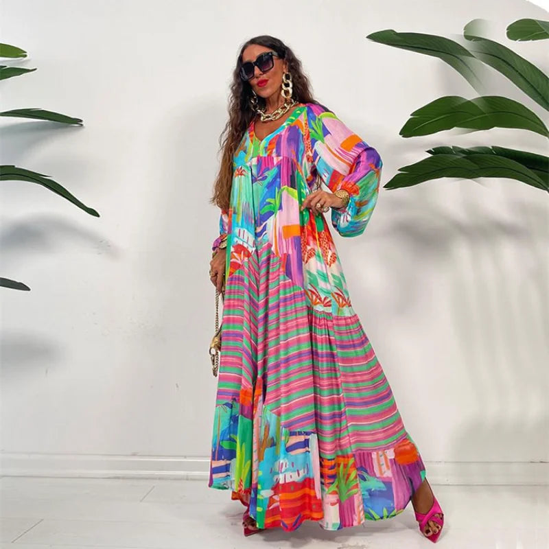 Women Elegant Long Lantern Sleeve Stand Collar Loose Maxi Dress Y2K INS Clothes Autumn Long Ruffle Bohemian Dress Women Elegant Long Lantern Sleeve Stand Collar Loose Maxi Dress Y2K INS Clothes Autumn Long Ruffle Bohemian Dress